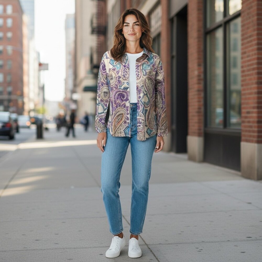 Chico's No-Iron Button Front Blouse Paisley Print Sz 2 (L/12) #201A - Picture 3 of 12